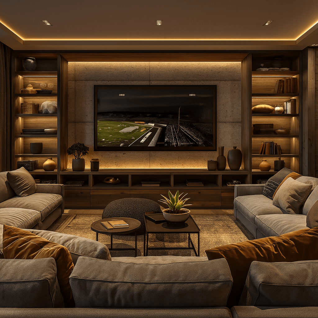 Modern living room wall with slat panel and shelving