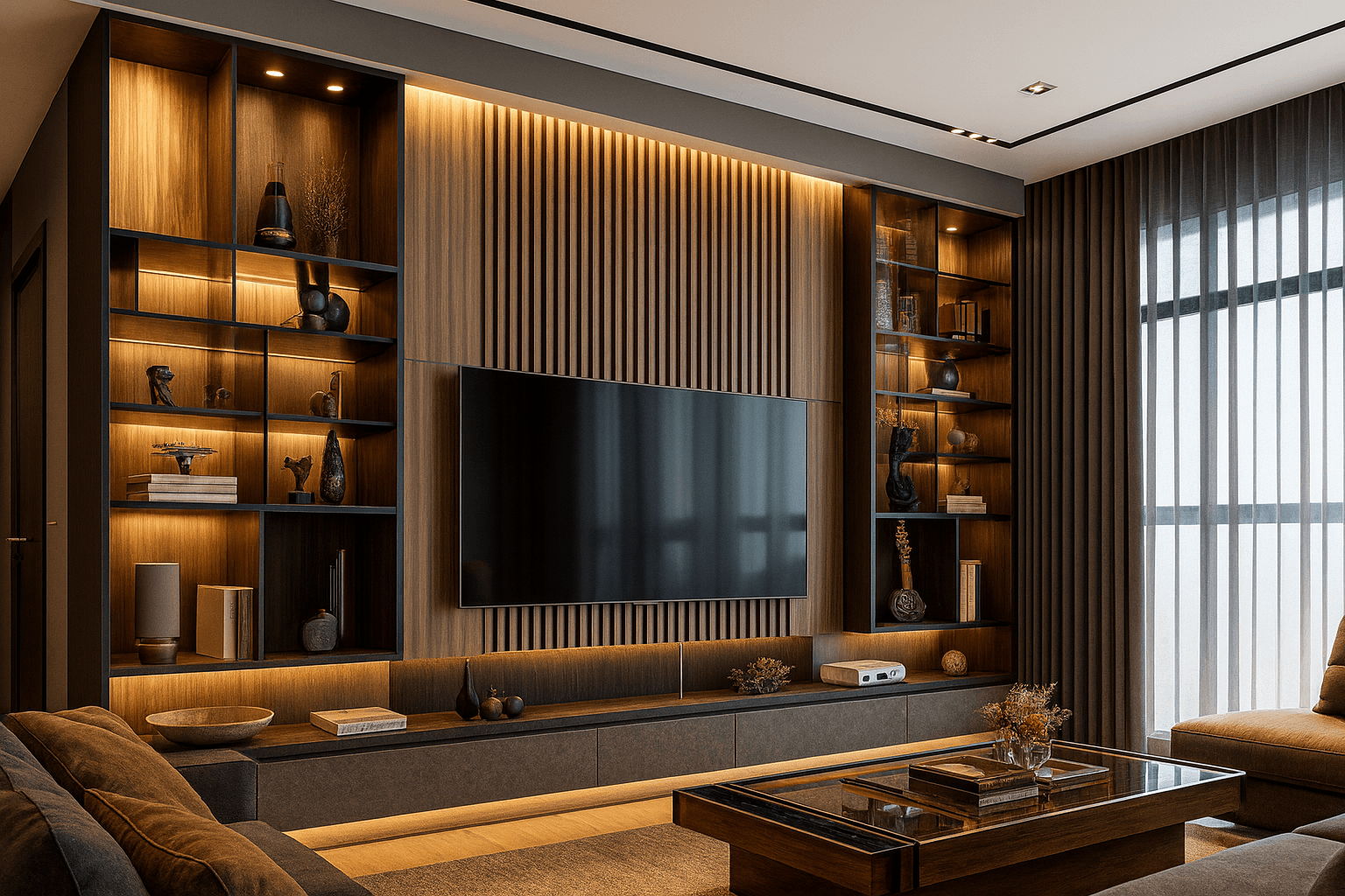 Large wall unit with TV, shelves and warm ambient lighting