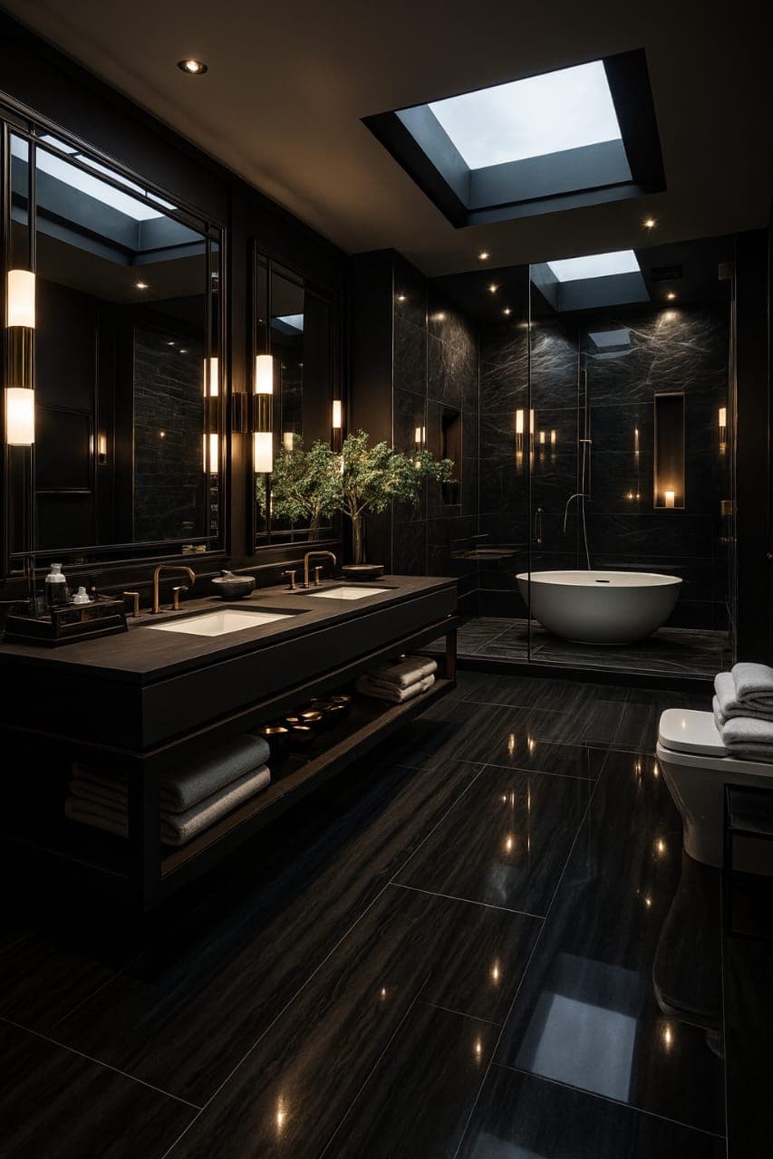 Bathroom vanity with ring mirror and warm lights